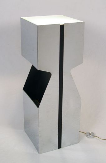 Appraisal: STAINLESS MAGAZINE STAND WITH DIFFUSER LAMP Modern design frosted glass