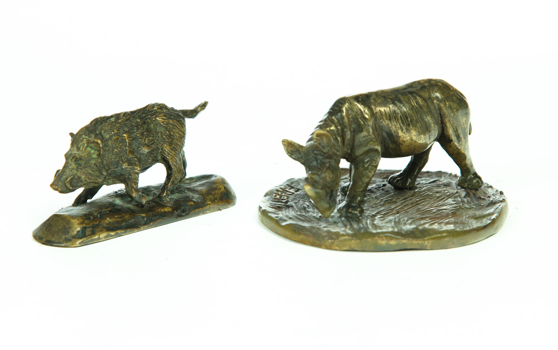 Appraisal: TWO ANIMAL BRONZES Twentieth century Boar after Antoine Louis Barye