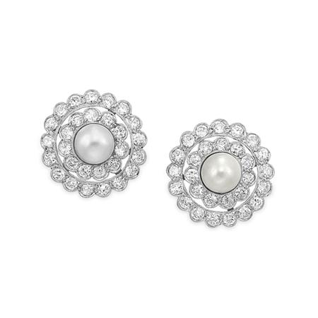 Appraisal: Pair of Cultured Pearl and Diamond Earclips Estimate -