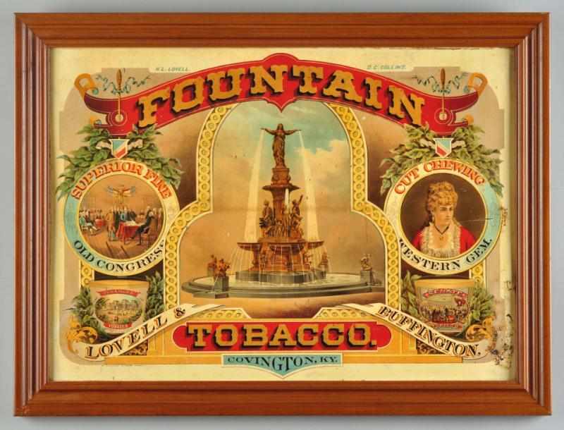 Appraisal: Tin Fountain Tobacco Sign Description Manufactured by the F Tuchfarber