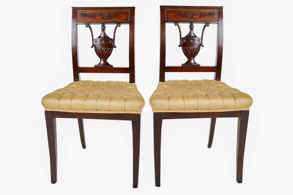 Appraisal: PAIR OF BALTIC NEOCLASSICAL SIDE CHAIRSgilt metal-mounted mahogany with urn-shaped