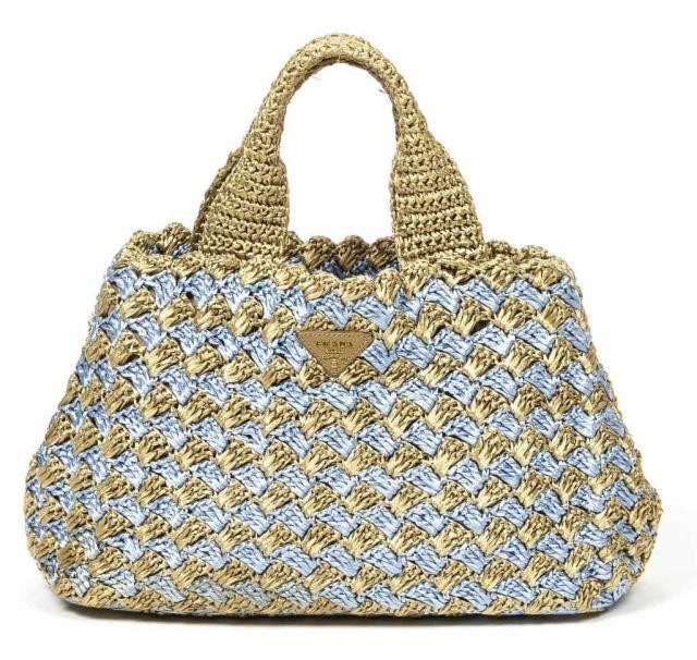 Appraisal: Prada crochet tote bag in natural and blue raffia with