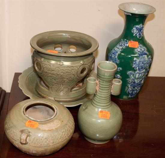 Appraisal: Four Chinese celadon porcelain articles and a green blue and