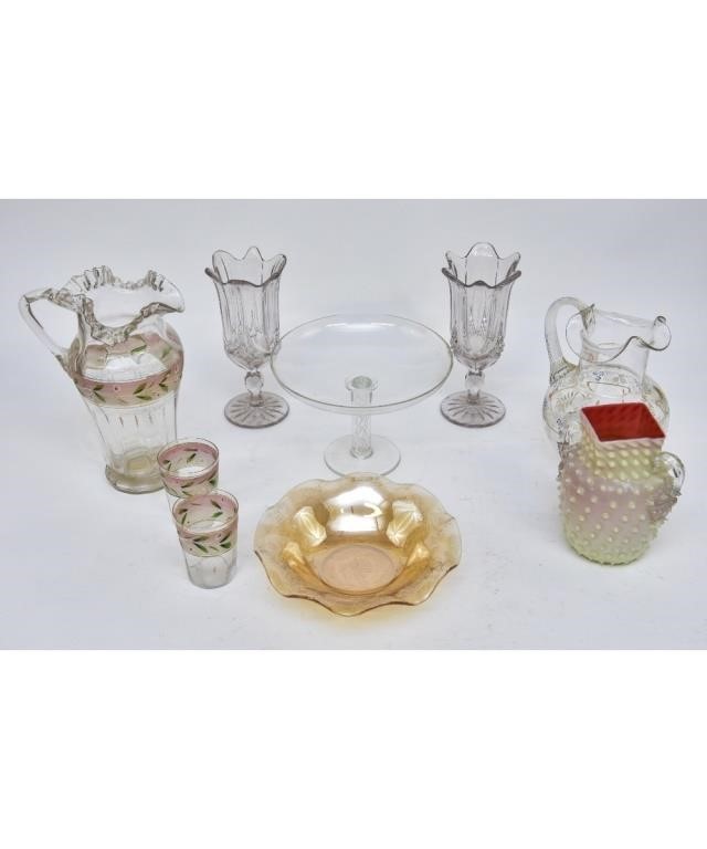 Appraisal: Glass tableware to include two pitchers two celery vases hobnail