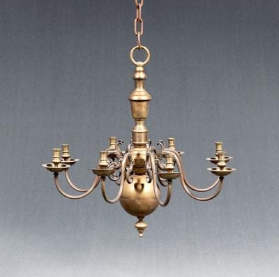 Appraisal: th century style brass chandelier heavy brass construction with eight