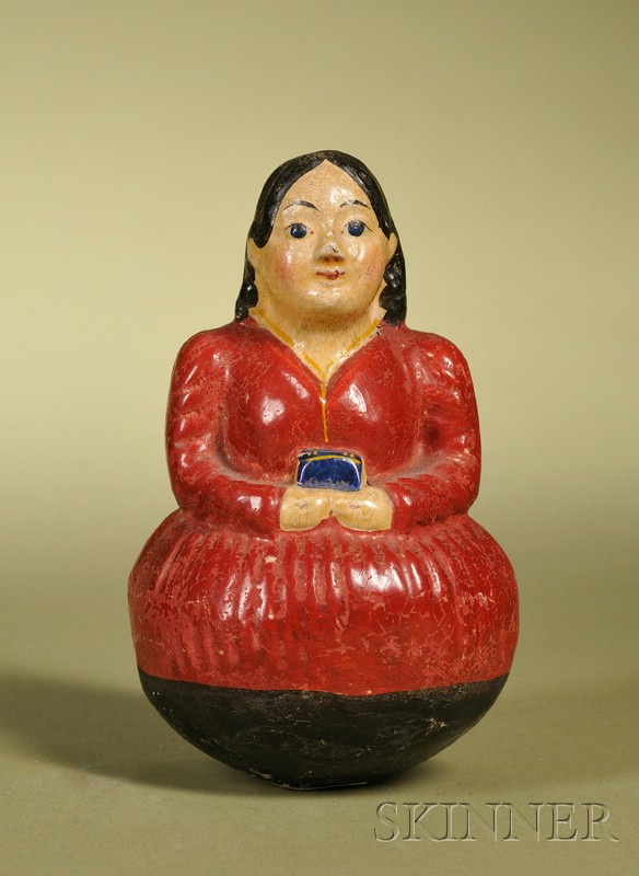 Appraisal: Early Roly Poly Child with Red Dress Germany c papier-mache