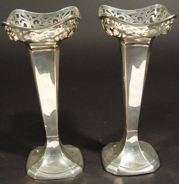 Appraisal: Pair of silver bud vases with pierced necks Birmingham cm