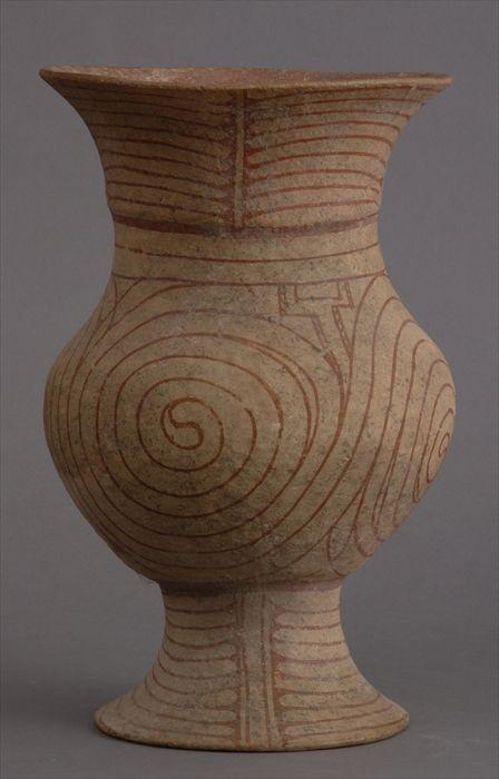 Appraisal: NEOLITHIC-TYPE POTTERY VASE The spherical buff bowl with coiled panels