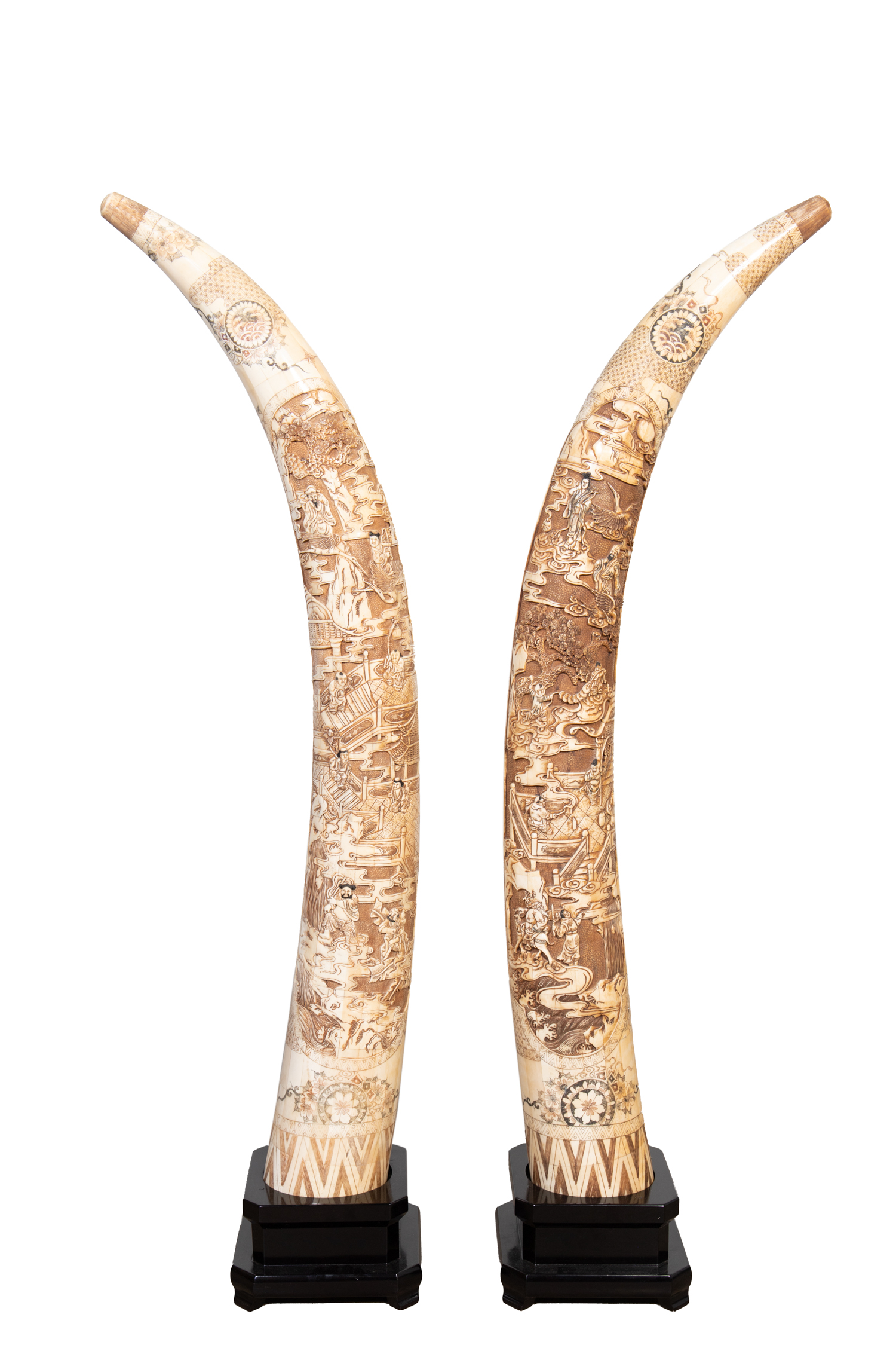 Appraisal: PAIR VERY LARGE BONE VENEERED CURVED TEETH Pair of large