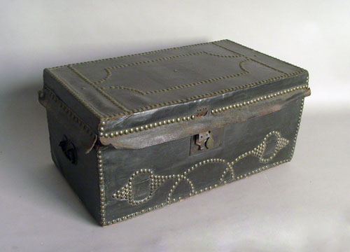 Appraisal: Leather trunk with brass tack decoration th c bearing the