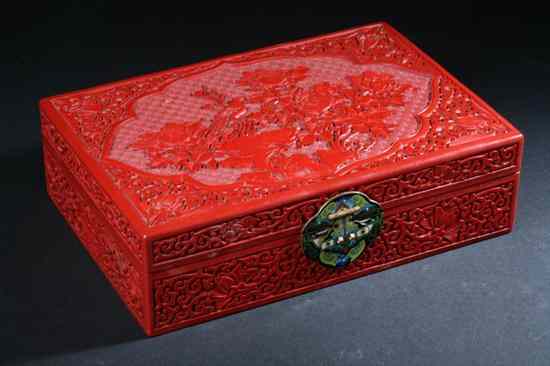 Appraisal: CHINESE CINNABAR BOX AND COVER Bird and floral decoration cloisonn