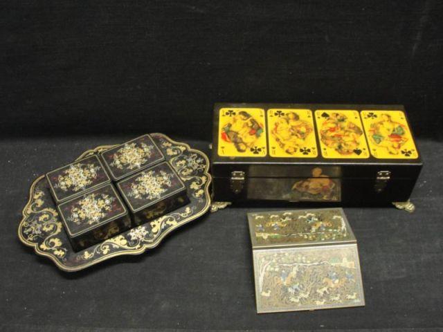 Appraisal: Boxes lacquer and decorated with playing cards metal with a