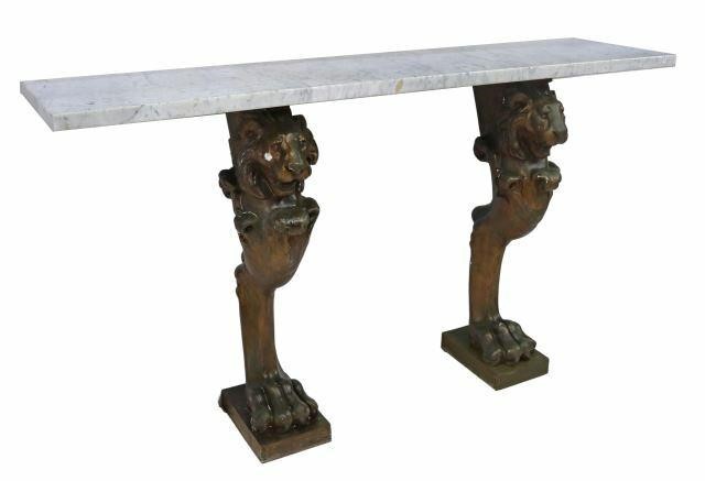 Appraisal: French double pedestal console table th c having rectangular marble