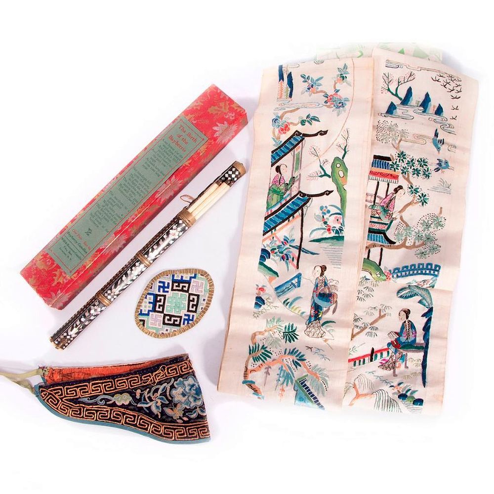 Appraisal: Three pieces of Chinese embroidery and and inlaid chopstick set