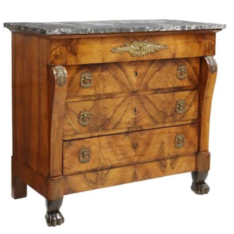 Appraisal: French Empire style walnut commode th c having marble top