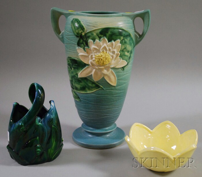 Appraisal: Three Decorative American Pottery Items a large Roseville two-handled Water