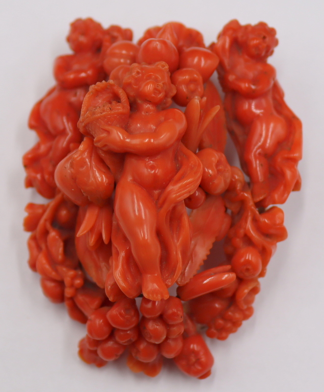 Appraisal: JEWELRY VICTORIAN CARVED CORAL BROOCH OF PUTTI and Fruit Exceptional