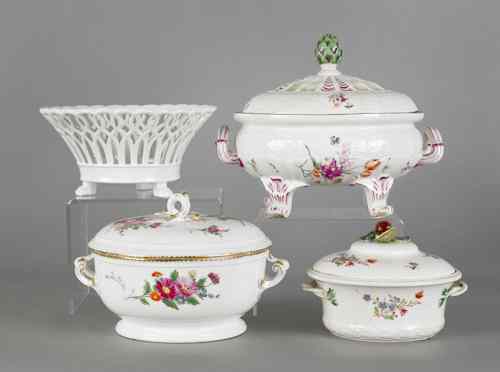 Appraisal: Three painted porcelain covered dishes together with a basket largest