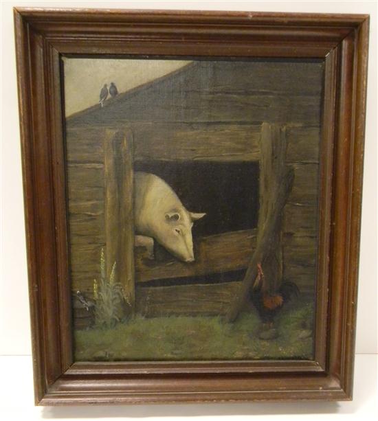 Appraisal: J E Baxter oil on canvas pig and rooster barnyard