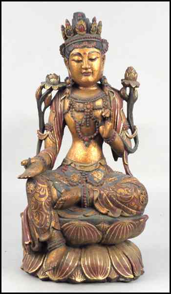 Appraisal: PARCEL GILT AND PAINTED WOOD SEATED QUAN YIN Height ''