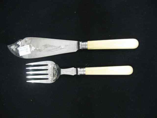 Appraisal: Victorian Silverplate Ivory Fish Serving Set ornate engraving ''