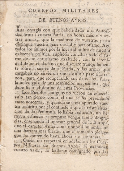 Appraisal: ARGENTINA Saavedra Cornelio de et al Cuerpos Militares de Buenos-Ayres