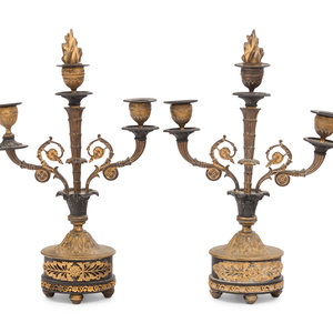 Appraisal: A Pair of Empire Gilt and Patinated Bronze Two-Light Candelabra