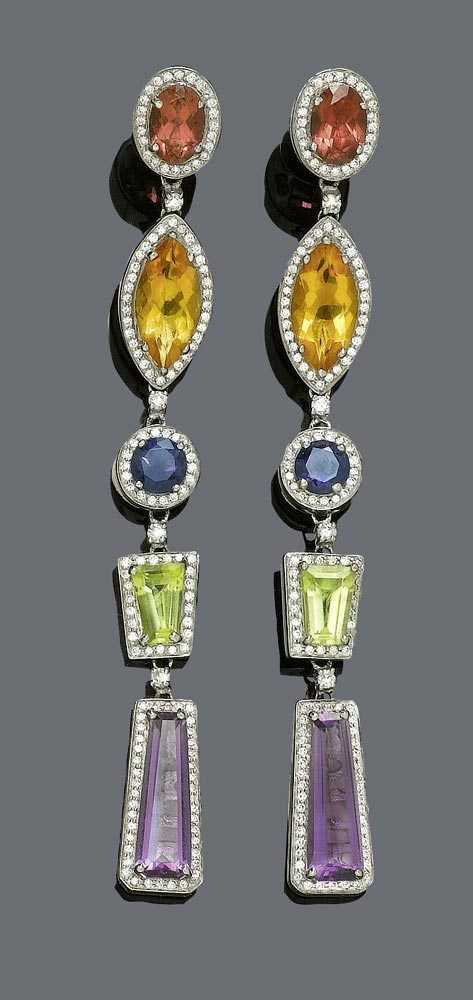 Appraisal: GEMSTONE AND DIAMOND PENDANT EARRINGS White gold Attractive modern earrings