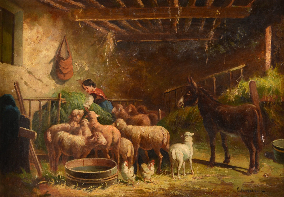 Appraisal: ITALIAN GENRE FARM PAINTING WITH SHEEP Oil Canvas '' x