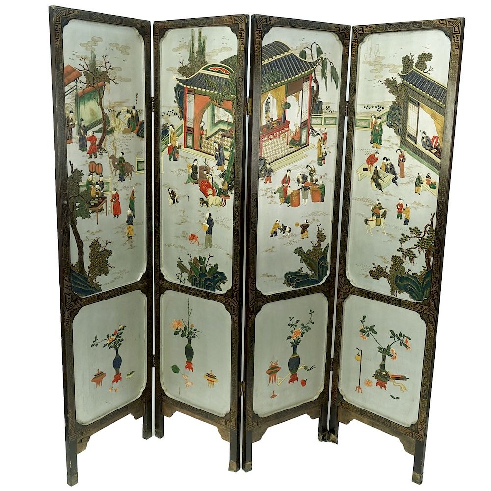 Appraisal: Chinese Coromandel Screen Antique Chinese Polychrome Lacquered Coromandel Inlaid Panel