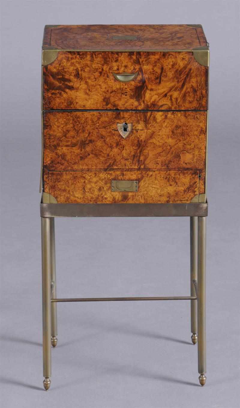 Appraisal: VICTORIAN BRASS-MOUNTED BURLWOOD HUMIDOR ON LATER BRASS STAND The hinged