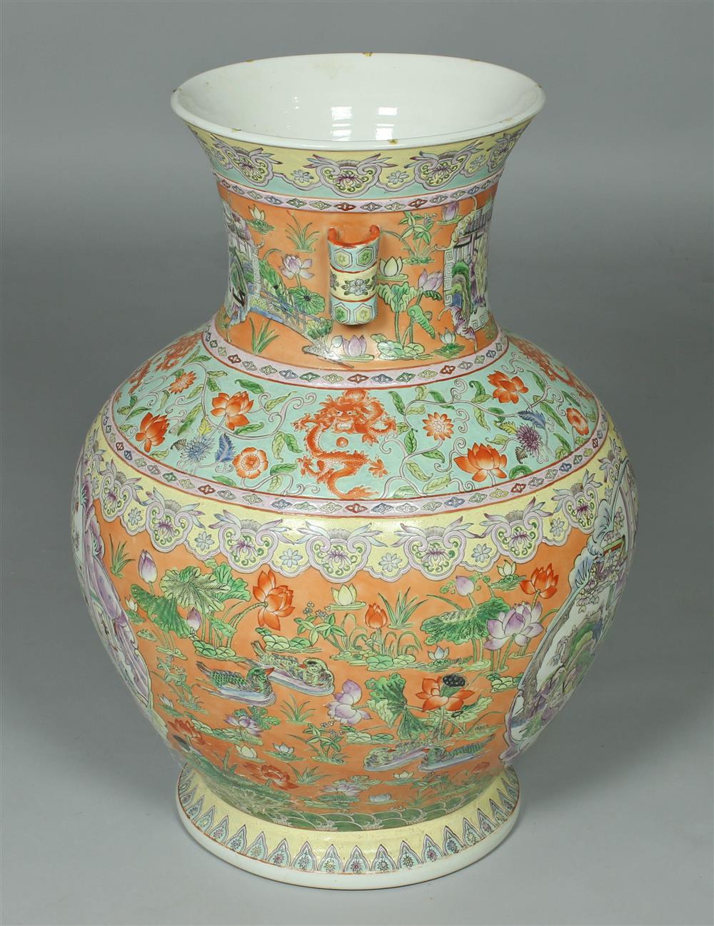 Appraisal: CHINESE FAMILLE ROSE LARGE BALUSTER VASE decorated with bright colored