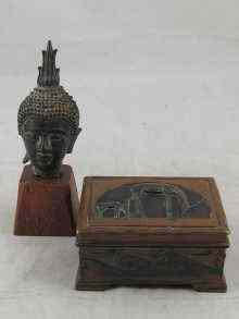 Appraisal: A bronze Buddha's head possibly Siamese on wooden plinth cm