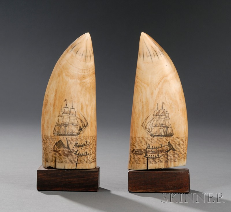 Appraisal: Pair of Scrimshaw Whale's Teeth Engraved with Whaling Scenes th