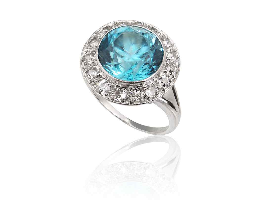 Appraisal: ART DECO PLATINUM BLUE ZIRCON DIAMOND RING Platinum ring centers