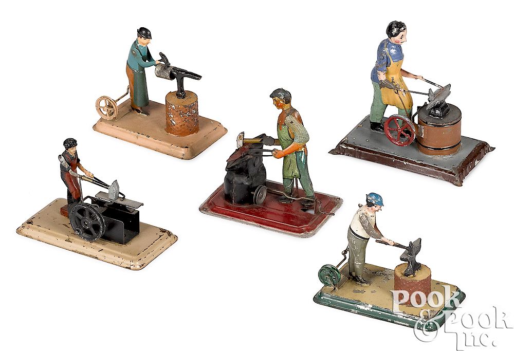 Appraisal: Five painted tin workmen steam toy accessories Five painted tin