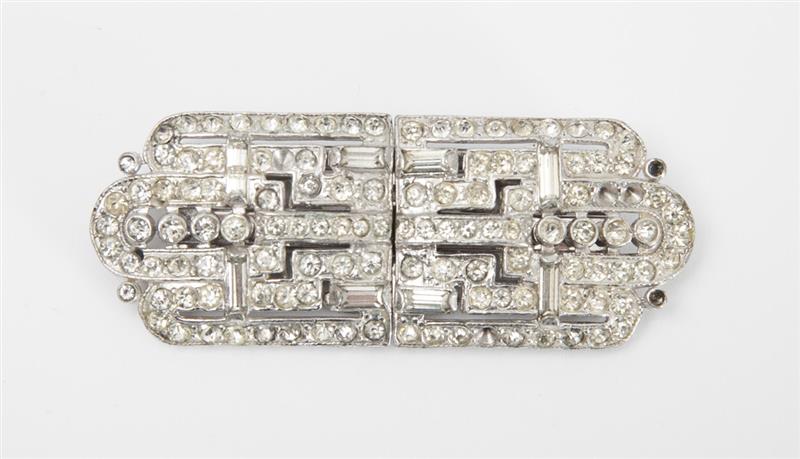 Appraisal: ART DECO COSTUME DOUBLE CLIP Base metal with simulated diamonds