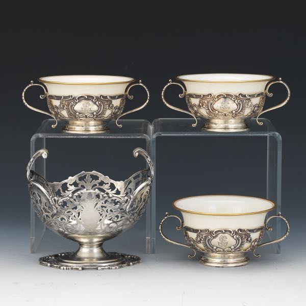 Appraisal: THREE GORHAM STERLING HOLDERS WITH OLD LENOX PORCELAIN BOUILLON BOWLS