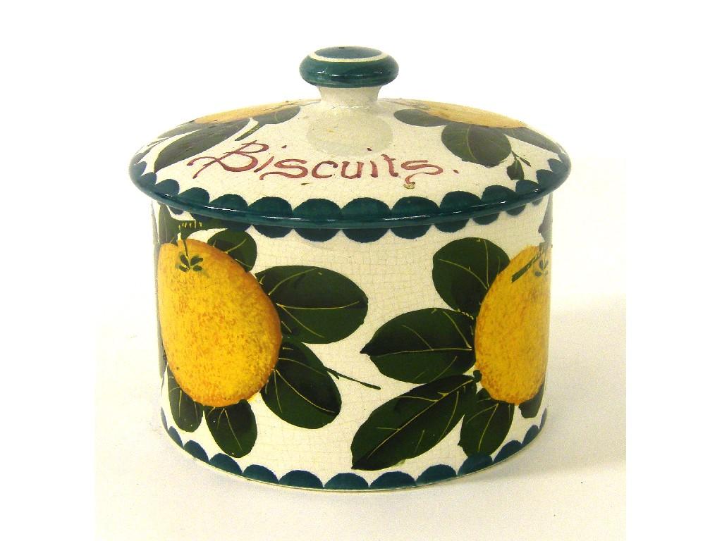 Appraisal: Wemyss cylindrical biscuit jar and cover painted with fruits in