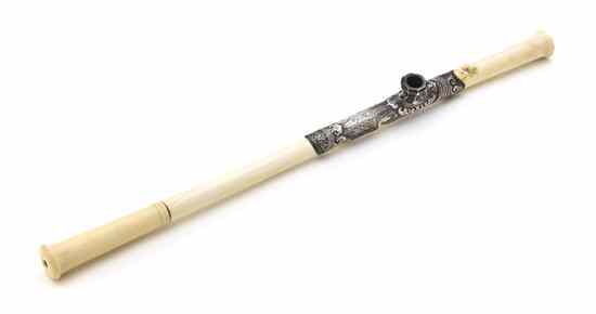 Appraisal: A Chinese Ivory and Silver Mounted Opium Pipe of typical