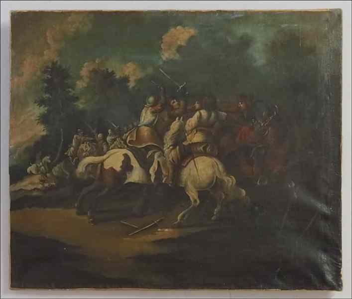 Appraisal: ARTIST UNKNOWN BATTLE SCENE Oil on canvas unsigned '' x