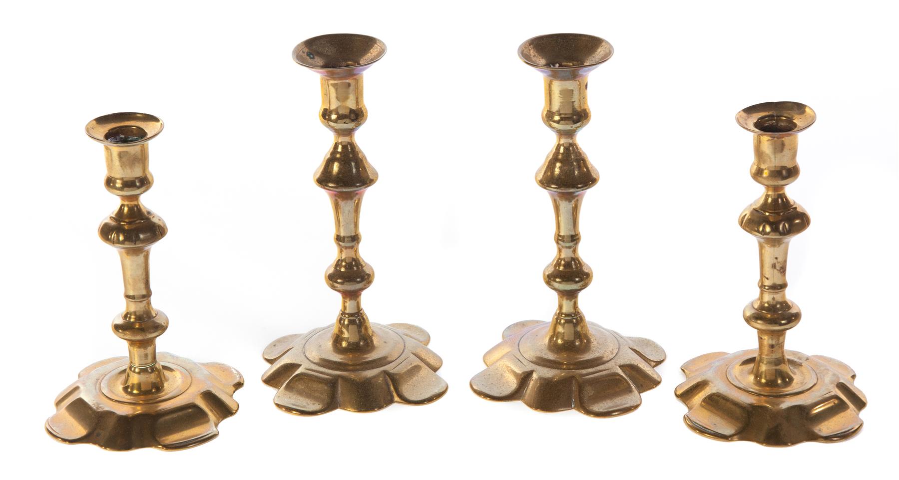 Appraisal: TWO PAIRS OF BRASS QUEEN ANNE CANDLESTICKS England mid th