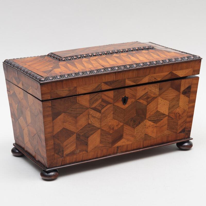 Appraisal: Large Regency Mahogany Walnut and Fruitwood Parquetry Tea Caddy With