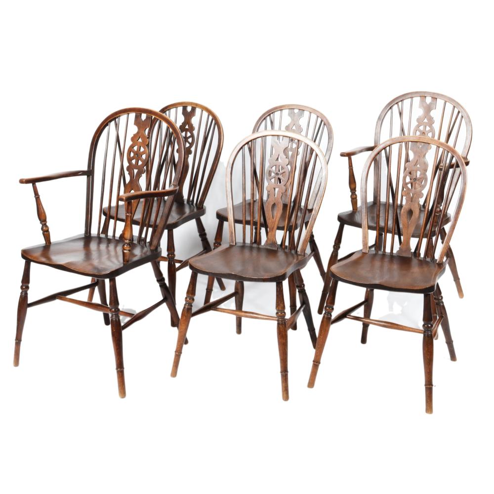 Appraisal: SIX ANTIQUE QUARTER SAWN OAK WHEEL BACK WINDSOR CHAIRS TWO