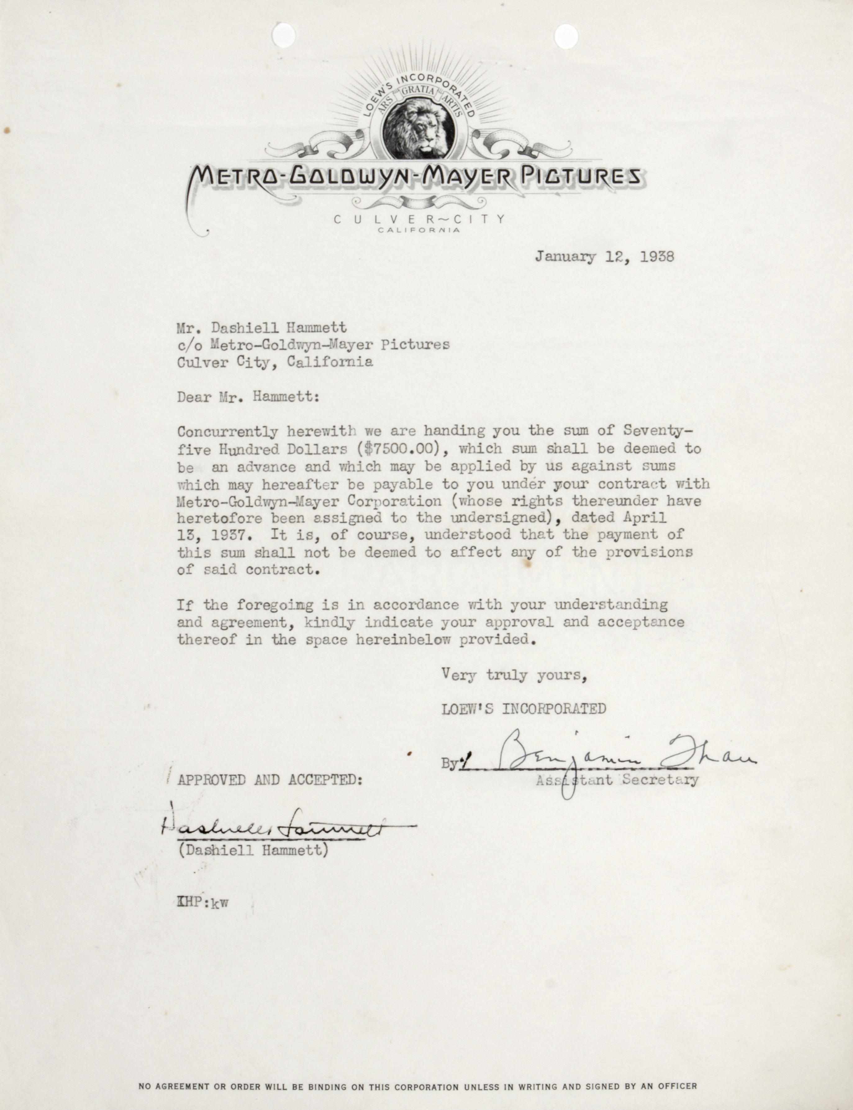 Appraisal: HAMMETT DASHIELL Typed Document Signed ''Dashiell Hammett'' p to Culver