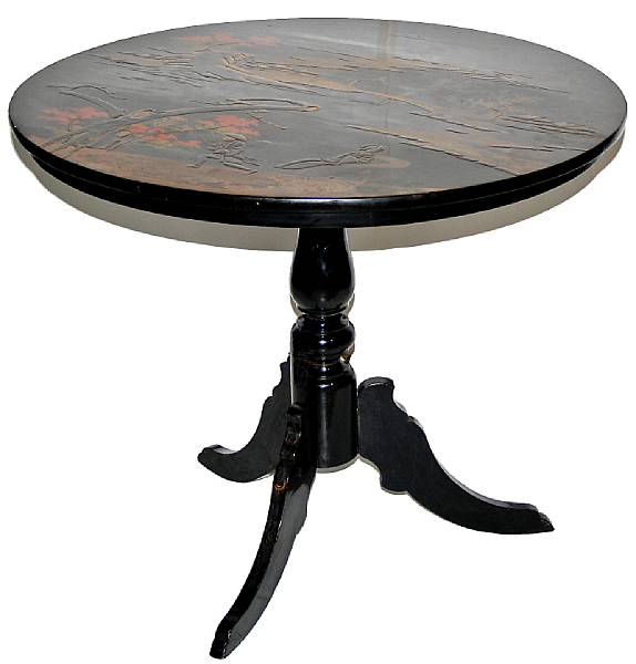 Appraisal: A Continental black lacquered and chinoiserie decorated tilt top center