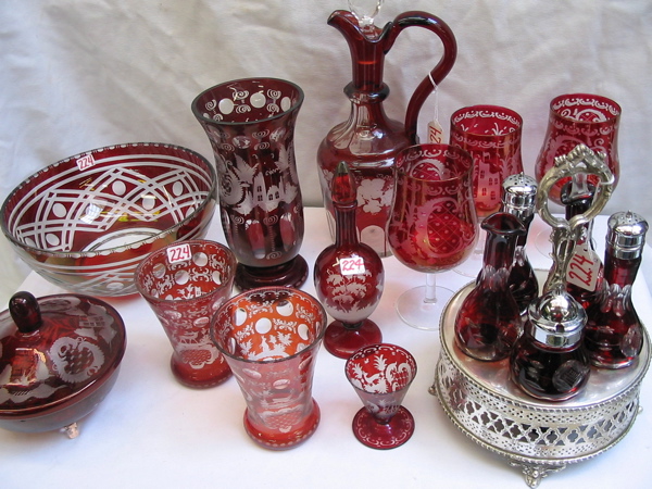 Appraisal: COLLECTION OF BOHEMIAN RUBY RED GLASS silverplated -bottle castor stand