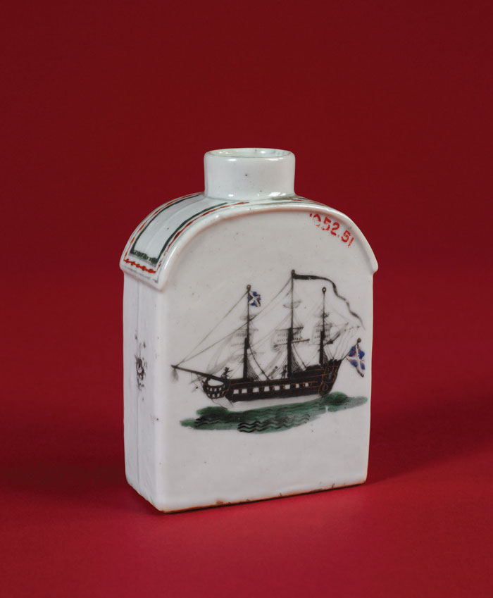 Appraisal: CHINESE EXPORT PORCELAIN TEA CADDY DECORATED WITH BRITISH SHIP IN