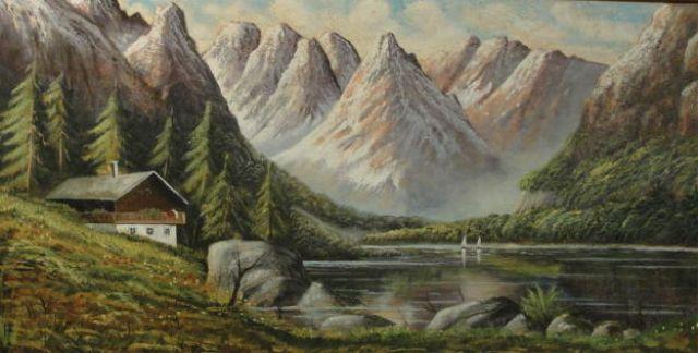 Appraisal: Large Oil on Canvas of Alpine Lake Scene Signed lower