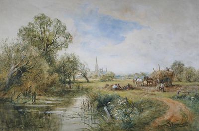 Appraisal: Henry John Kinnaird fl - Haymaking near Salisbury Signed and